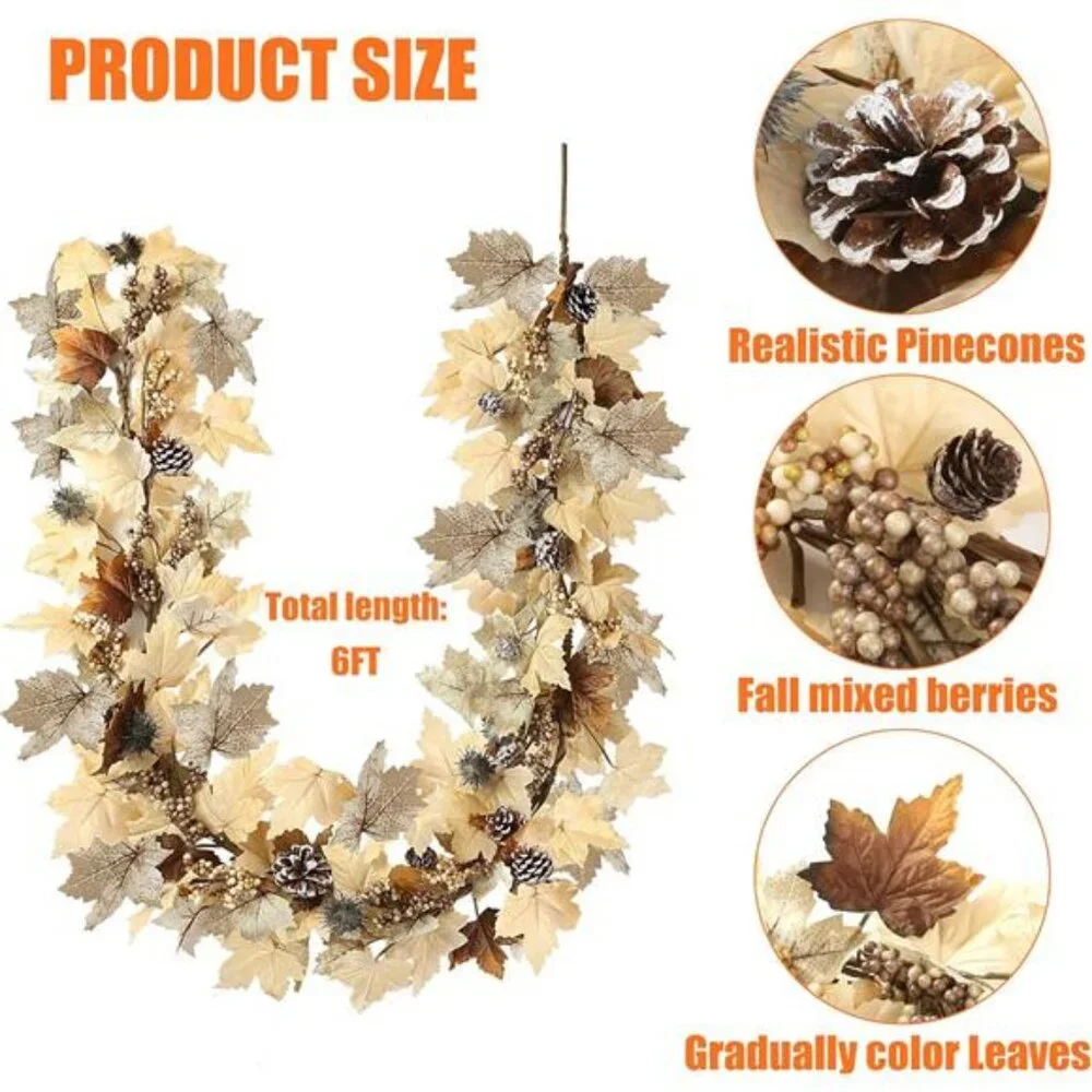 Fall Garland with Lights 6Ft Autumn Garland with Pumpkins Maple Leaves